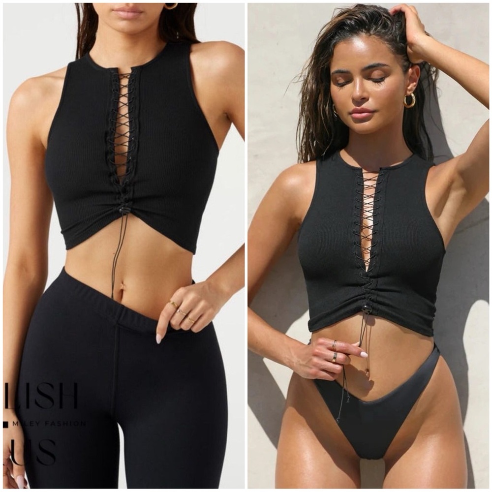 SOLD OUT JOAH BROWN RIBBED LACE UP ADJUSTABLE CROP MILEY CYRUS HAILEY BIEBER